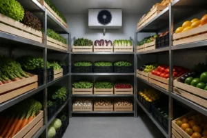 Cámara de frío ordenada con cajas de fruta y verdura
