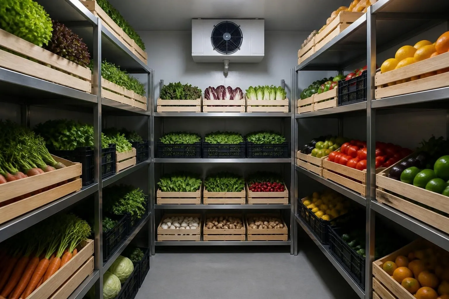 Cámara de frío ordenada con cajas de fruta y verdura