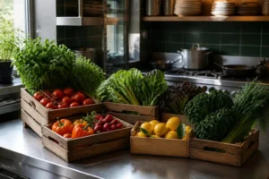 Cajas de fruta y verdura recién llegadas a la cocina de un restaurante